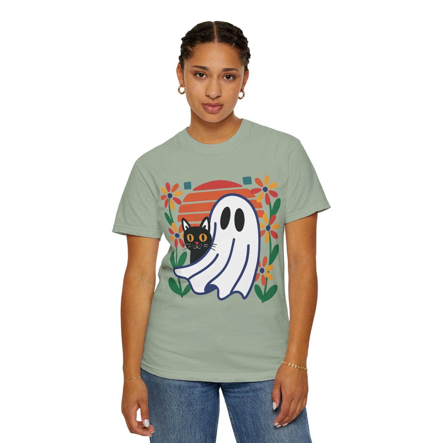 Retro Ghost & Cat Halloween T-shirt | Comfort Colors® Fall Tee