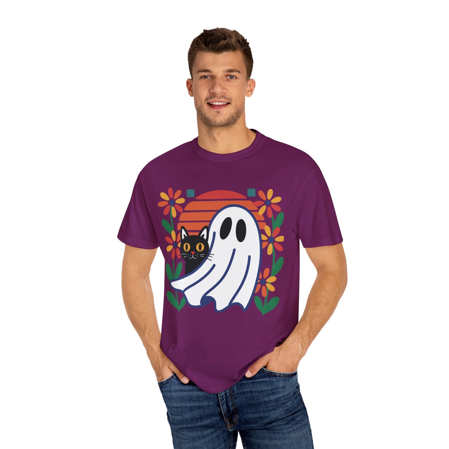 Retro Ghost & Cat Halloween T-shirt | Comfort Colors® Fall Tee