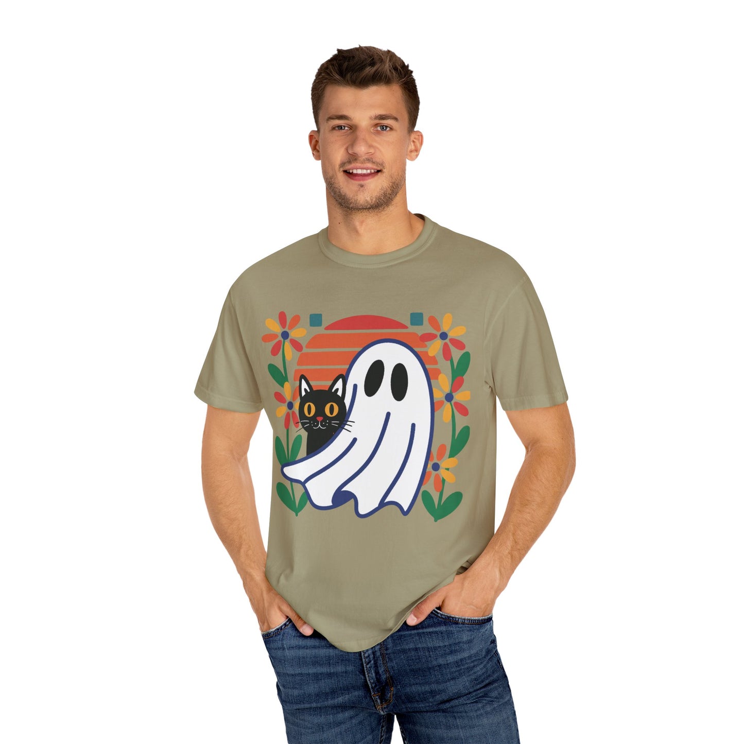 Retro Ghost & Cat Halloween T-shirt | Comfort Colors® Fall Tee