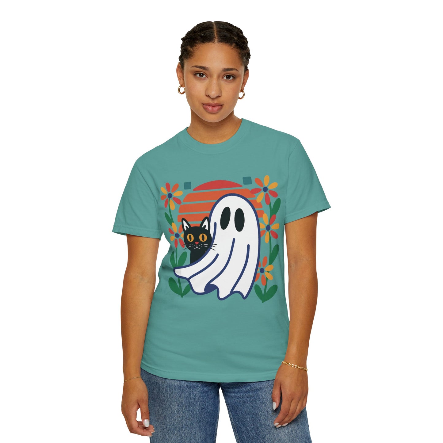 Retro Ghost & Cat Halloween T-shirt | Comfort Colors® Fall Tee