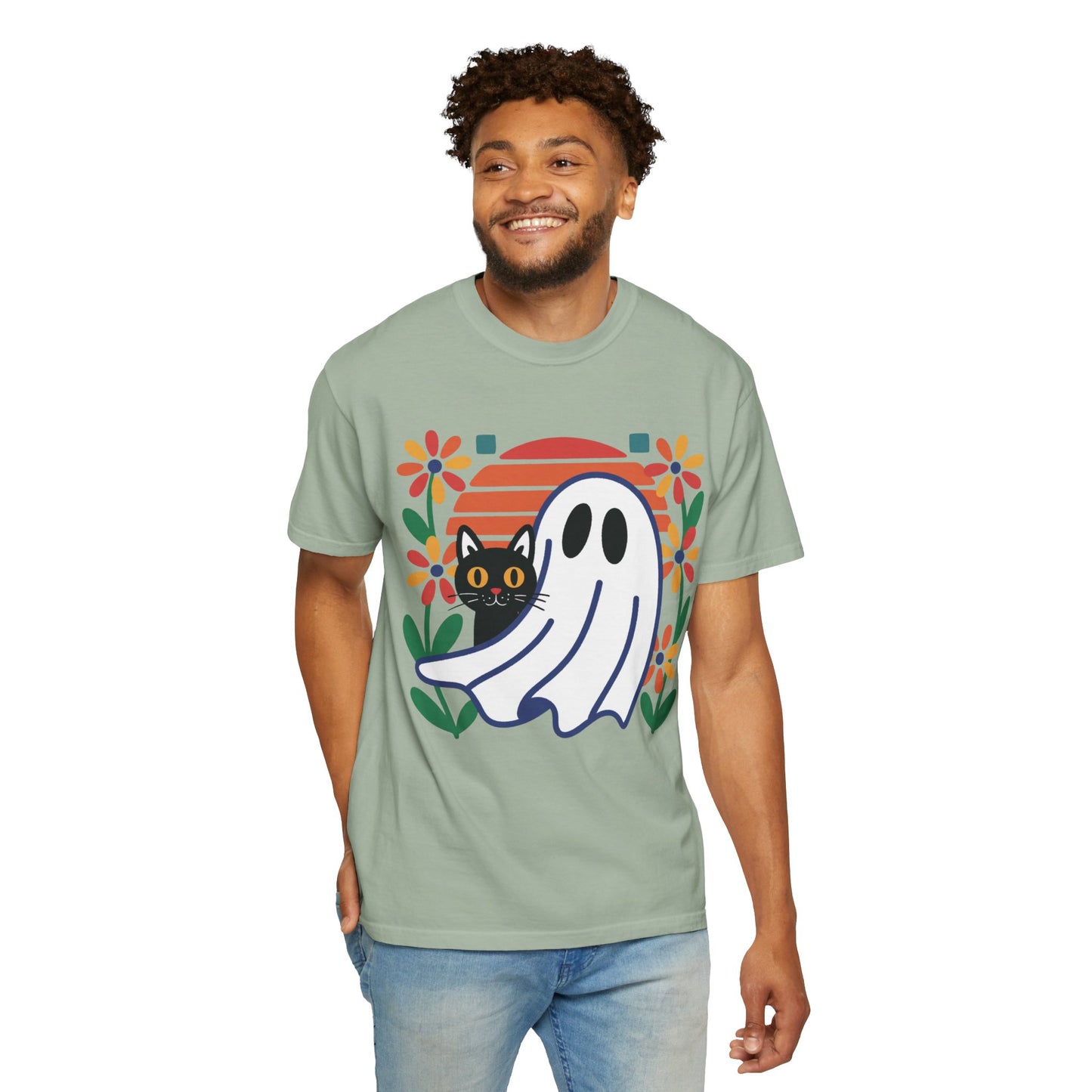 Retro Ghost & Cat Halloween T-shirt | Comfort Colors® Fall Tee