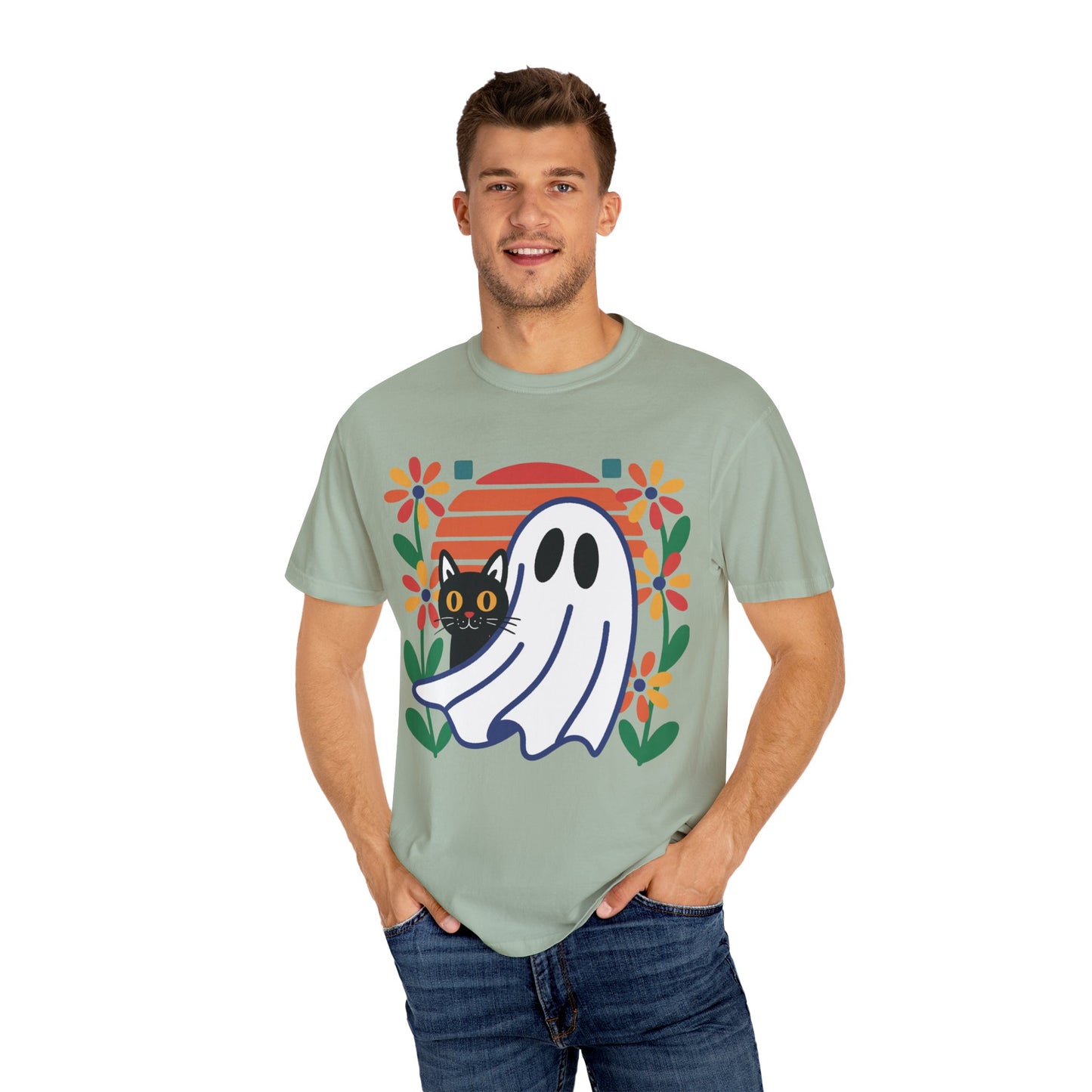 Retro Ghost & Cat Halloween T-shirt | Comfort Colors® Fall Tee