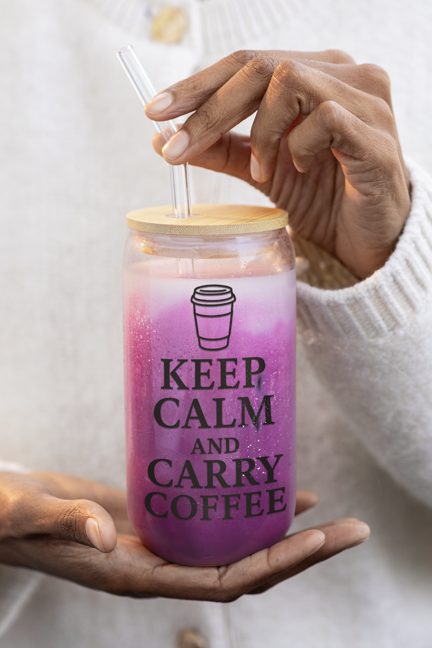 Keep Calm and Carry Coffee Glass Can | Teacher Coffee Cup with Bamboo Lid | Reusable Iced Coffee Glass | Funny Teacher Gift