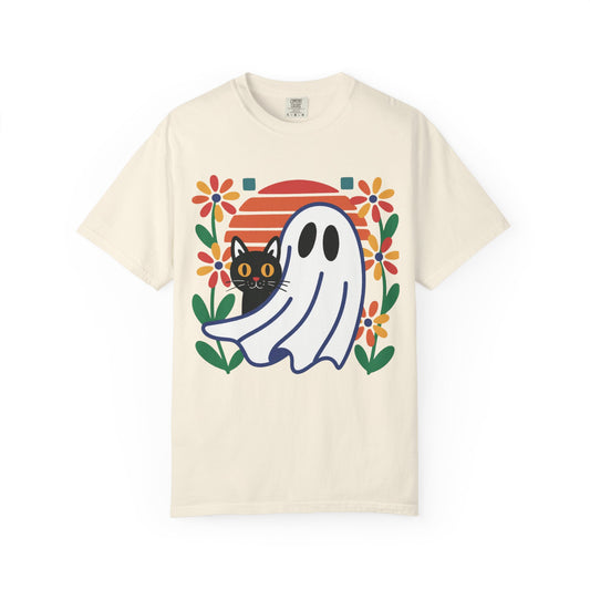 Retro Ghost & Cat Halloween T-shirt | Comfort Colors® Fall Tee
