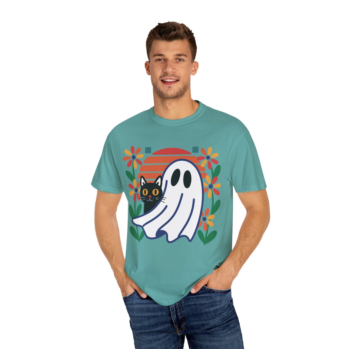 Retro Ghost & Cat Halloween T-shirt | Comfort Colors® Fall Tee