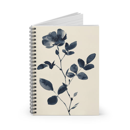Botanical Spiral Notebook, Elegant Floral Journal with Lined Pages, Minimalist Blue Flower Sketchbook, Aesthetic Writing Journal