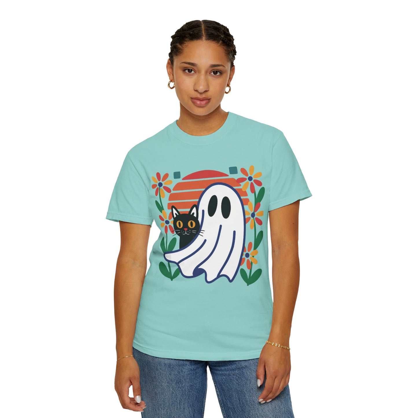 Retro Ghost & Cat Halloween T-shirt | Comfort Colors® Fall Tee