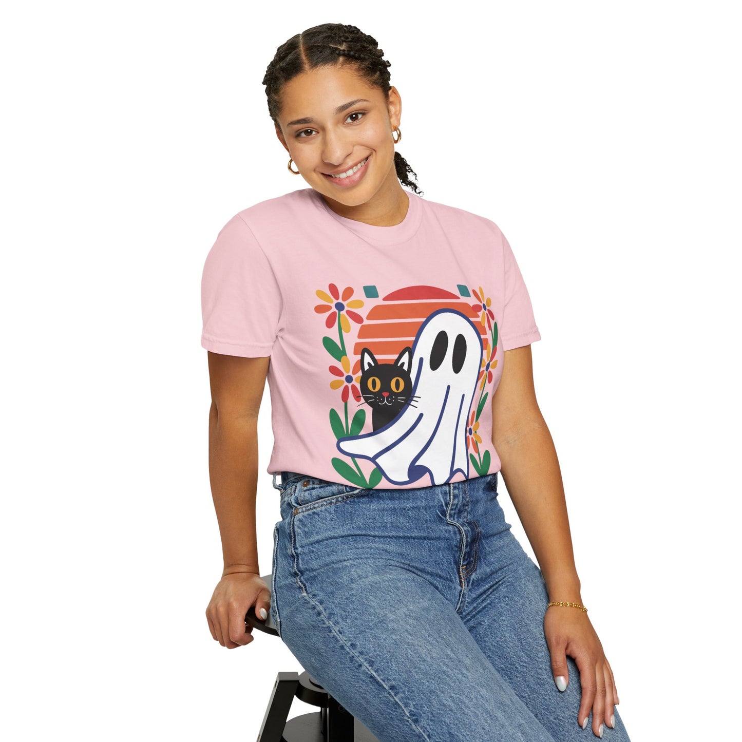 Retro Ghost & Cat Halloween T-shirt | Comfort Colors® Fall Tee
