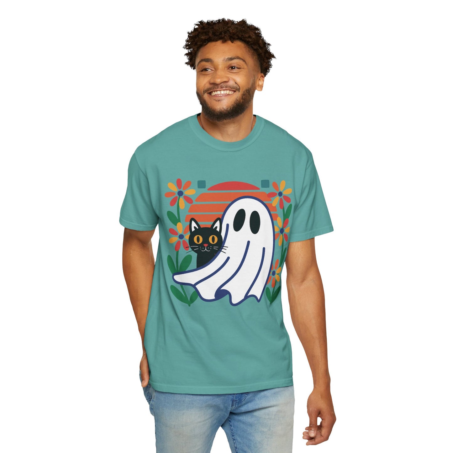 Retro Ghost & Cat Halloween T-shirt | Comfort Colors® Fall Tee