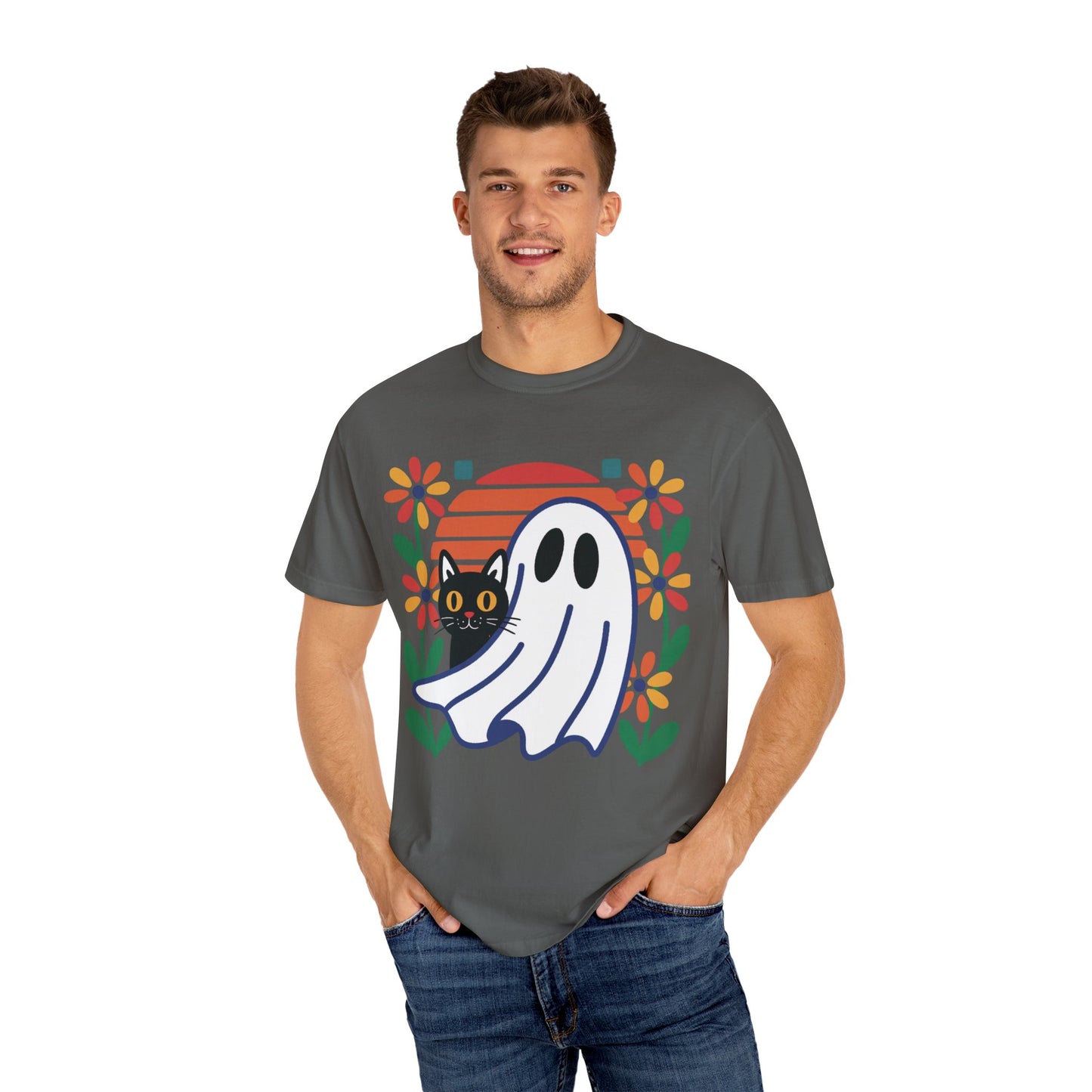 Retro Ghost & Cat Halloween T-shirt | Comfort Colors® Fall Tee
