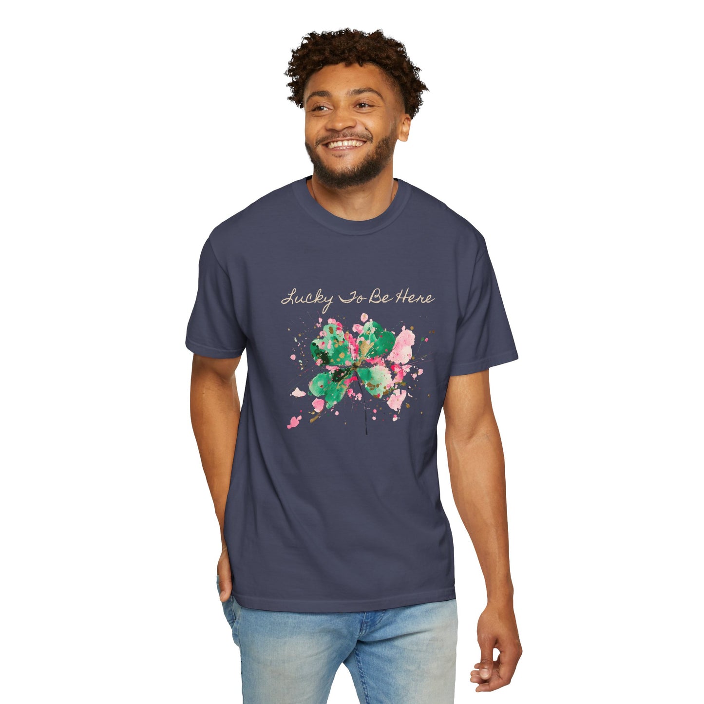 St. Patrick's Day, Lucky To Be Here T-Shirt - Floral Four-Leaf Clover Graphic