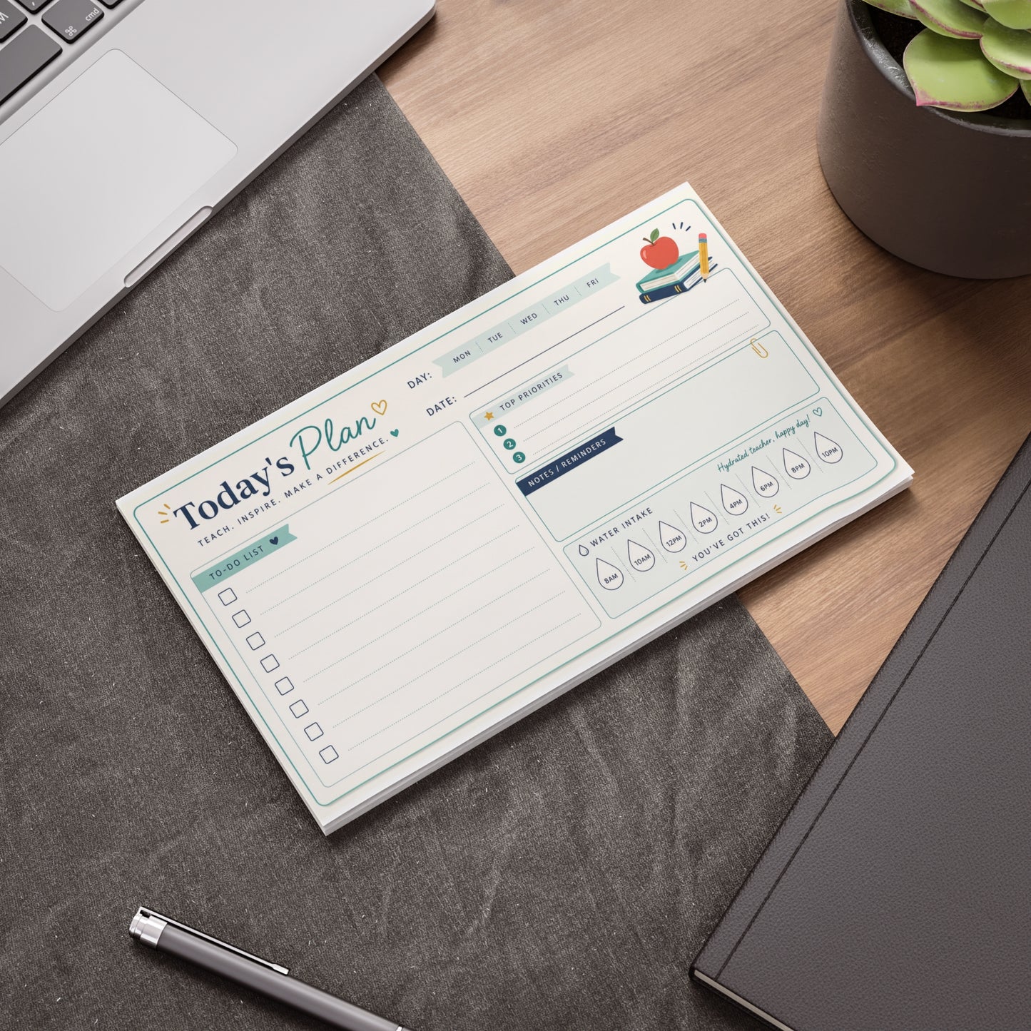 Teacher Notepad, Post-it Desk Pad, Daily Planner To Do List Water Tracker, 50 Sticky Sheets, Teacher Appreciation Back to School Gift