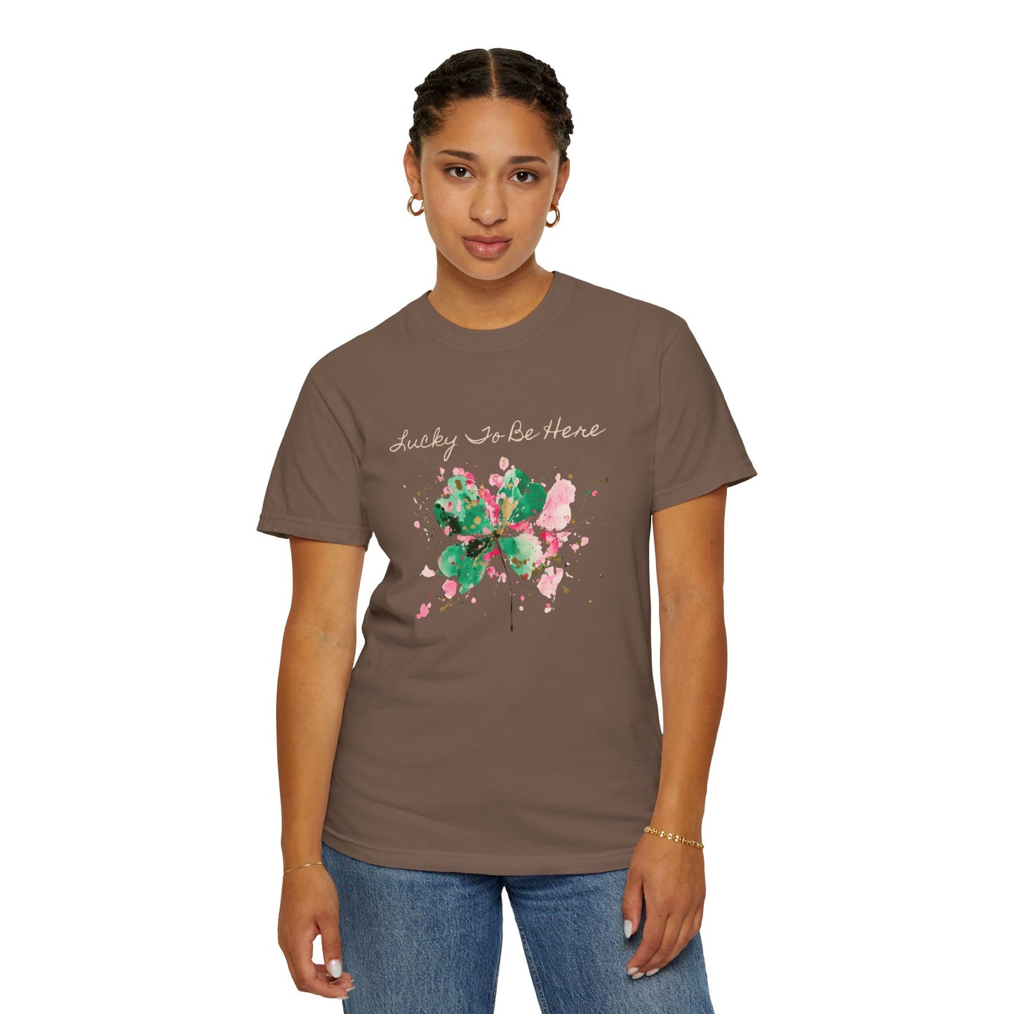 St. Patrick's Day, Lucky To Be Here T-Shirt - Floral Four-Leaf Clover Graphic