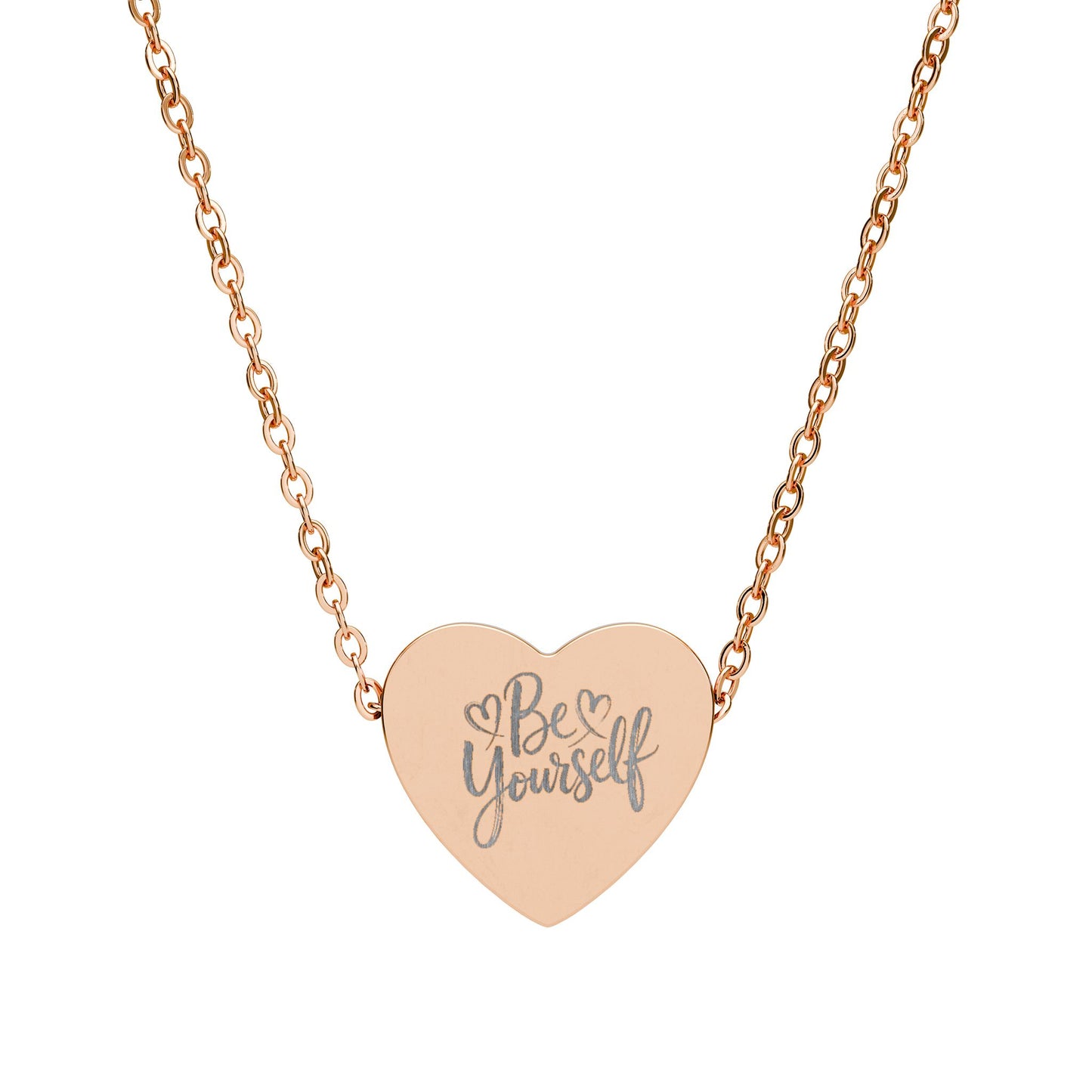 Engraved Heart Necklace — "Be Yourself" Pendant in Sterling Silver or Rose Gold