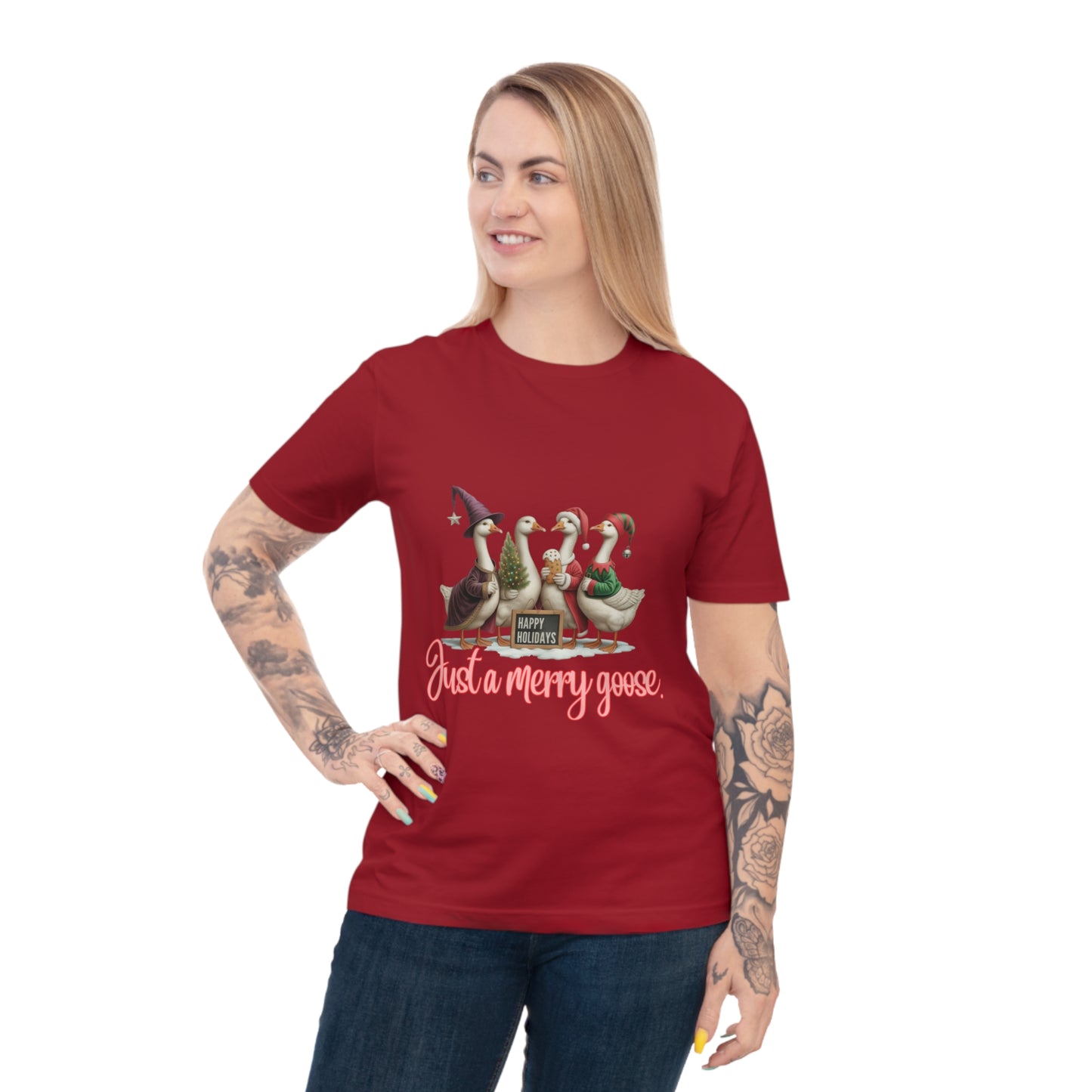 Organic "Just a Merry Goose Holiday" T-Shirt — Cute Christmas Geese Tee
