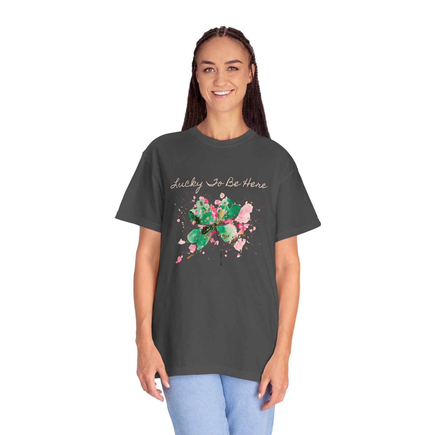 St. Patrick's Day, Lucky To Be Here T-Shirt - Floral Four-Leaf Clover Graphic