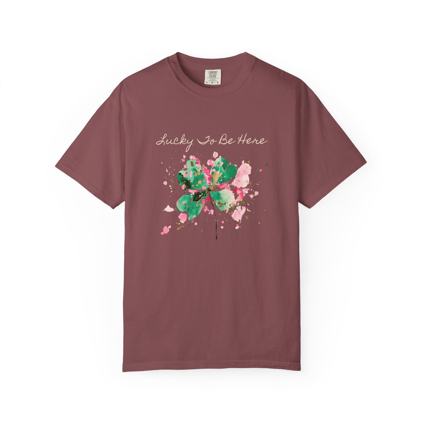 St. Patrick's Day, Lucky To Be Here T-Shirt - Floral Four-Leaf Clover Graphic