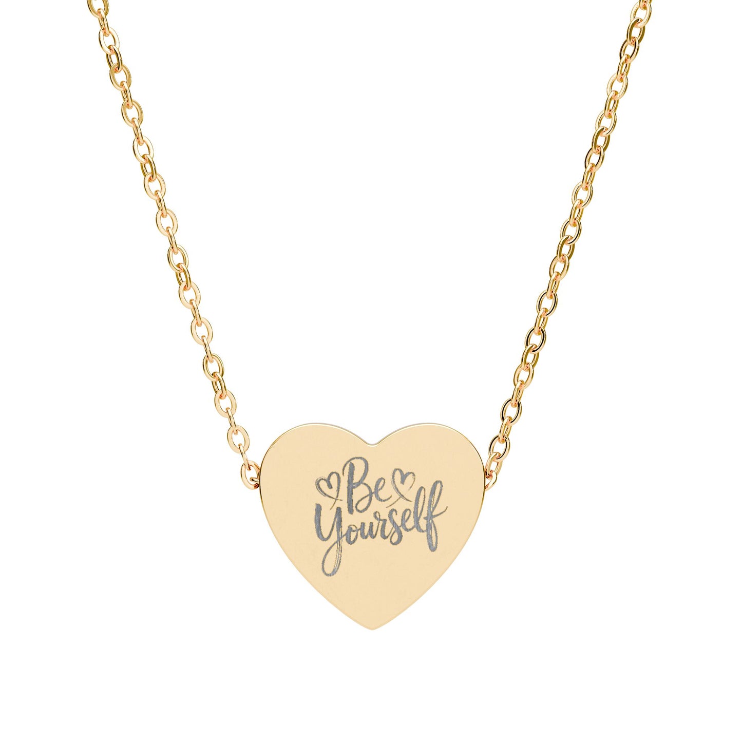 Engraved Heart Necklace — "Be Yourself" Pendant in Sterling Silver or Rose Gold