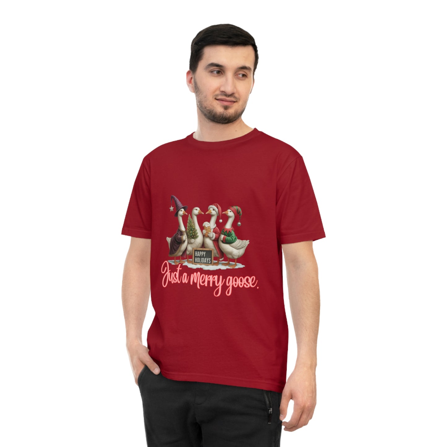 Organic "Just a Merry Goose Holiday" T-Shirt — Cute Christmas Geese Tee