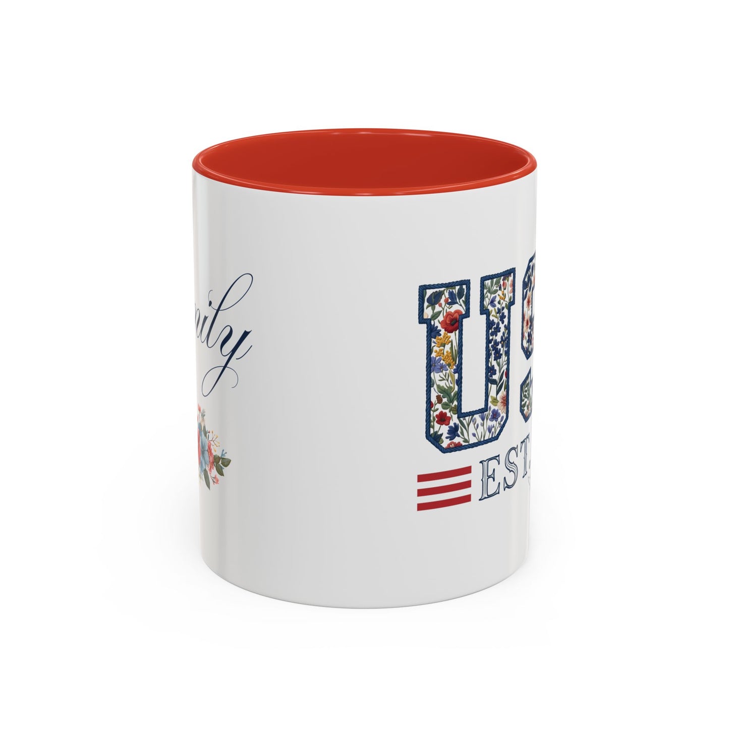 Personalized Patriotic Mug, Custom Name Ceramic Coffee Cup, USA Floral Accent Mug, Fourth of July Hostess Gift, 11oz 15oz