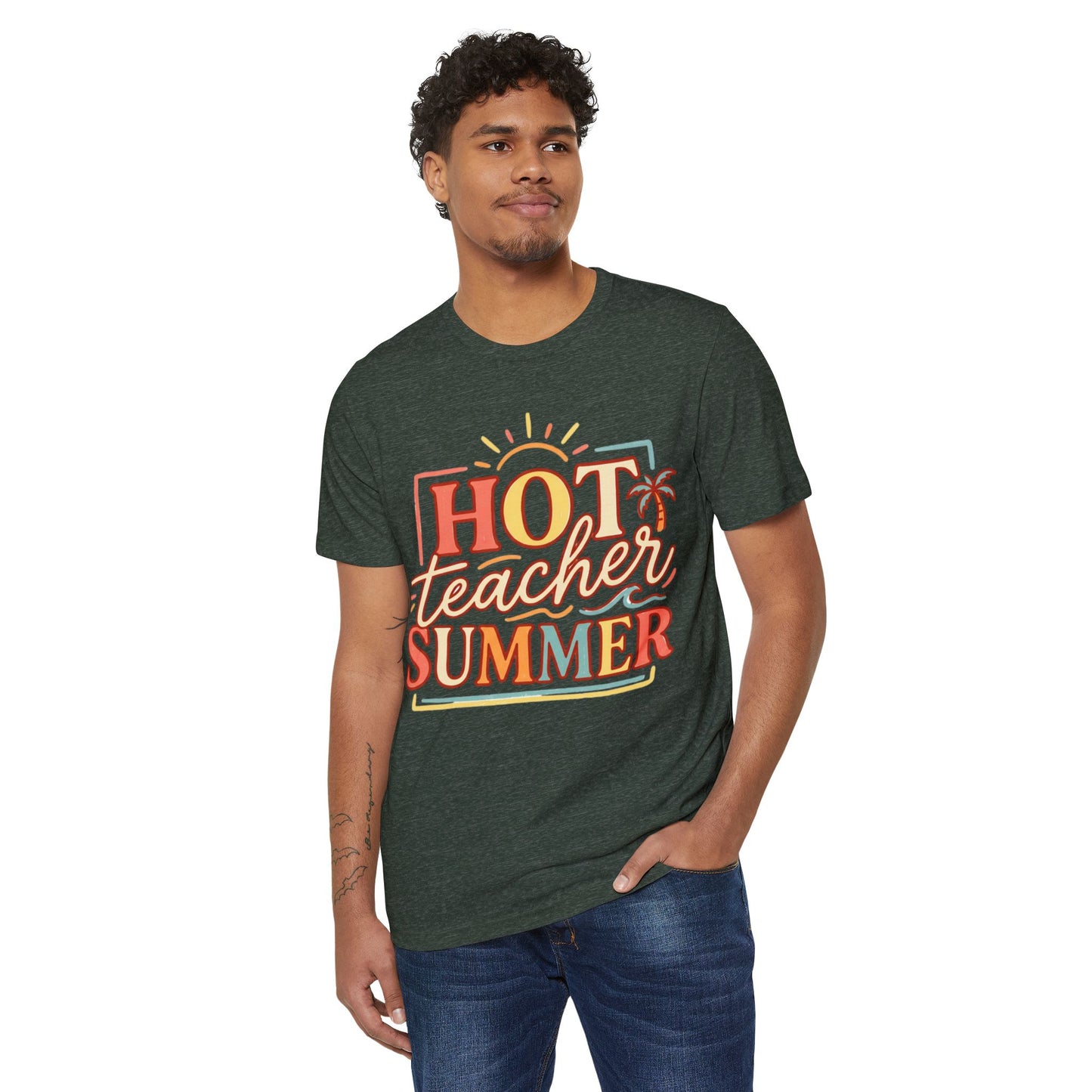 Teacher Summer T‑Shirt - Organic "Hot Teacher Summer" Retro Sun Design