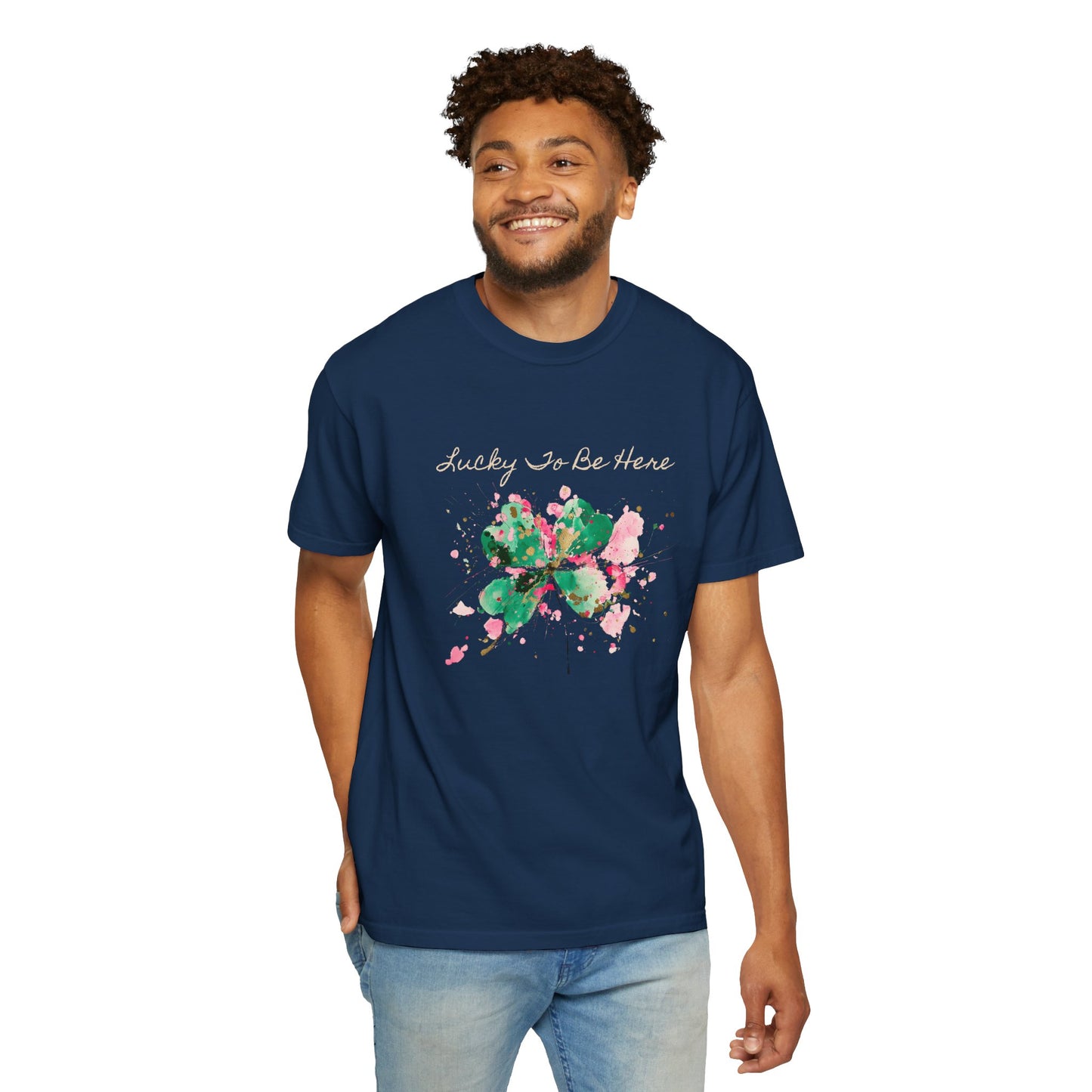 St. Patrick's Day, Lucky To Be Here T-Shirt - Floral Four-Leaf Clover Graphic