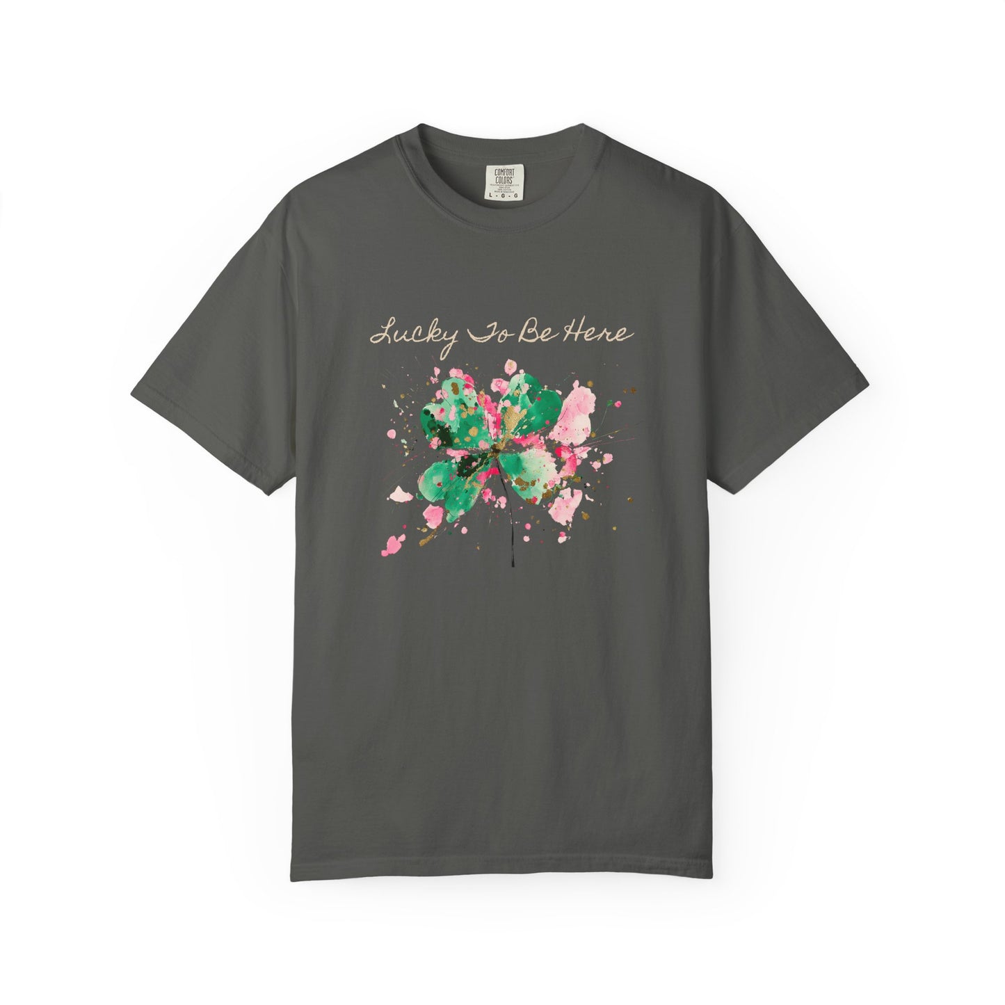 St. Patrick's Day, Lucky To Be Here T-Shirt - Floral Four-Leaf Clover Graphic