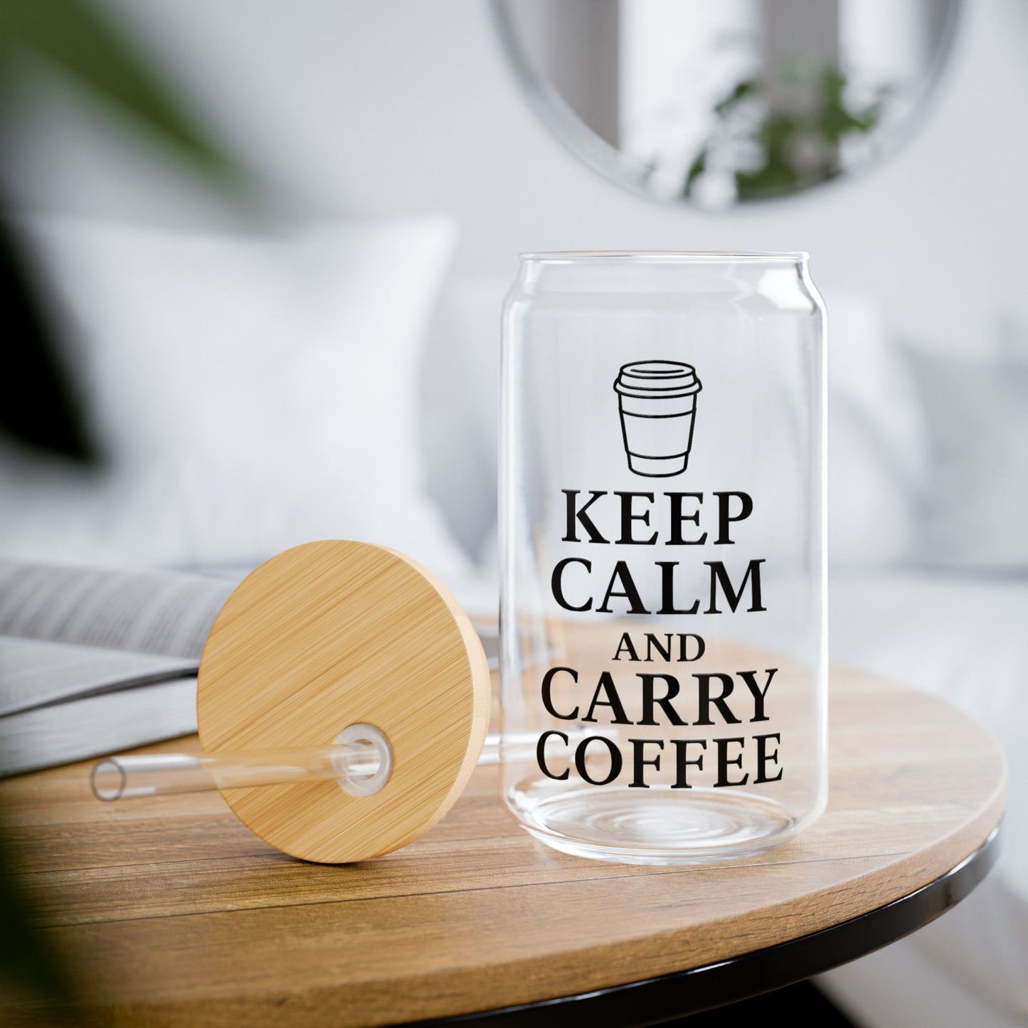 Keep Calm and Carry Coffee Glass Can | Teacher Coffee Cup with Bamboo Lid | Reusable Iced Coffee Glass | Funny Teacher Gift