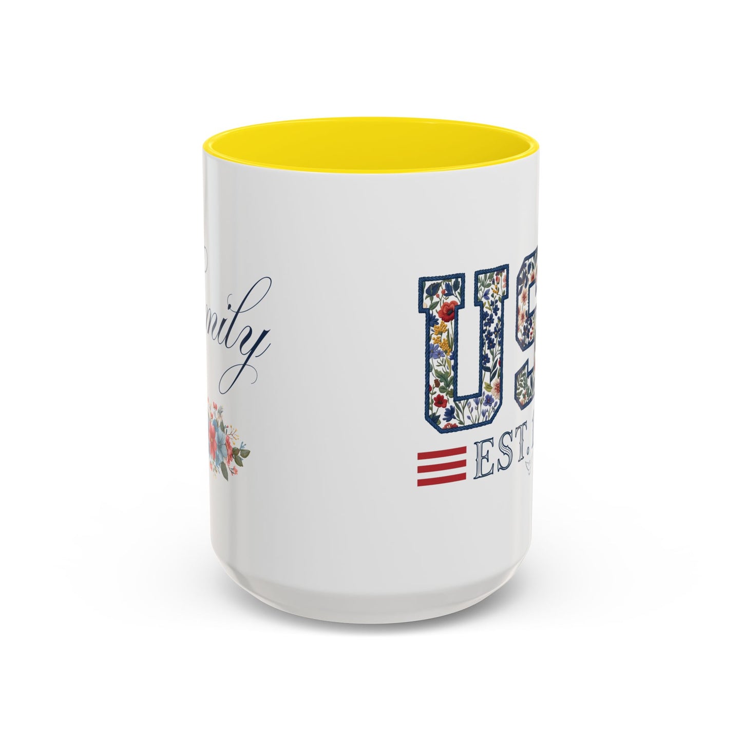 Personalized Patriotic Mug, Custom Name Ceramic Coffee Cup, USA Floral Accent Mug, Fourth of July Hostess Gift, 11oz 15oz