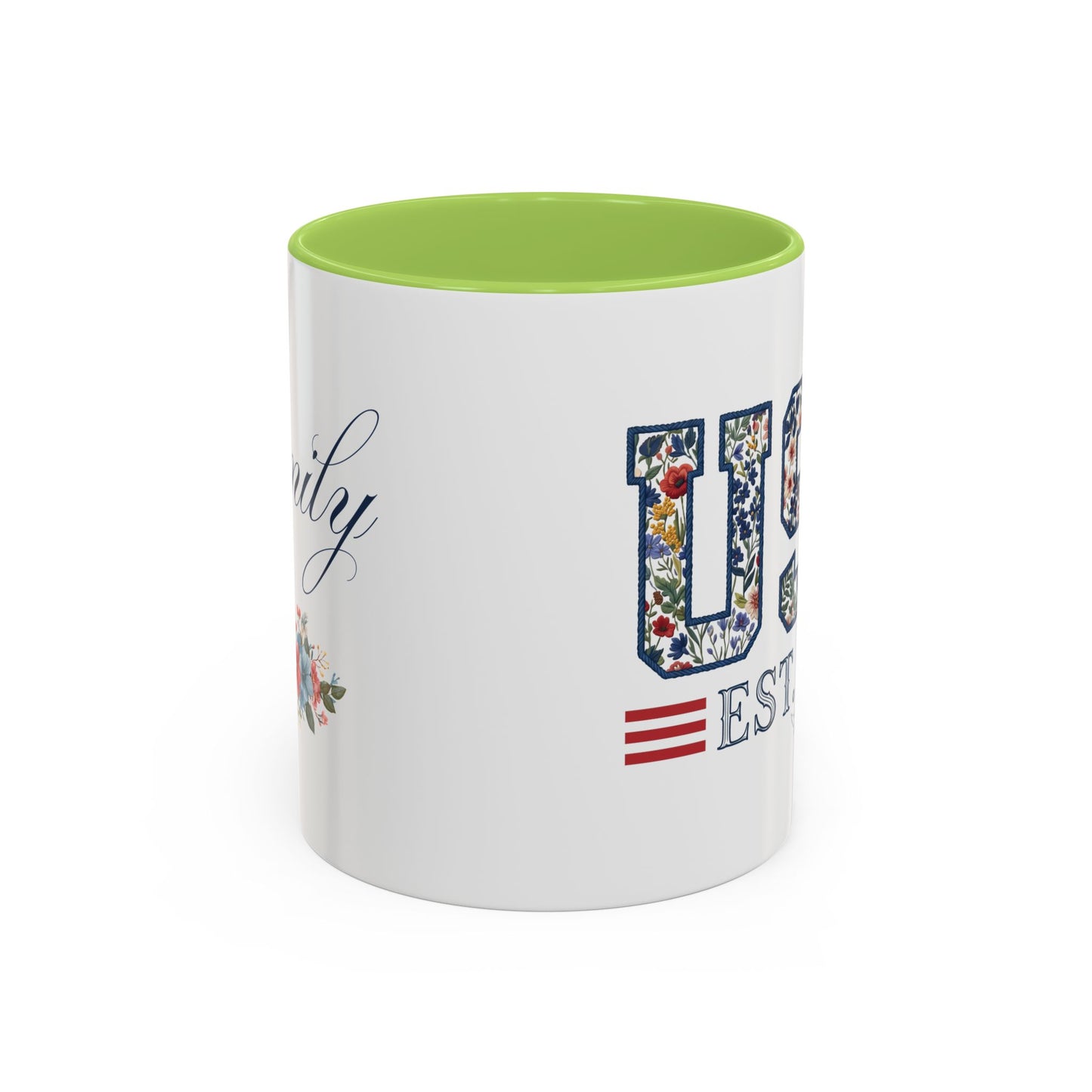 Personalized Patriotic Mug, Custom Name Ceramic Coffee Cup, USA Floral Accent Mug, Fourth of July Hostess Gift, 11oz 15oz