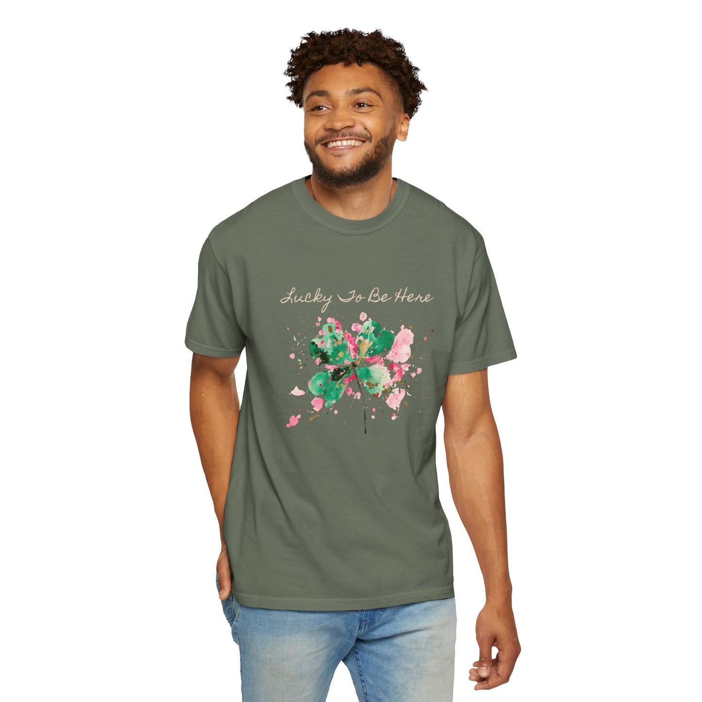 St. Patrick's Day, Lucky To Be Here T-Shirt - Floral Four-Leaf Clover Graphic