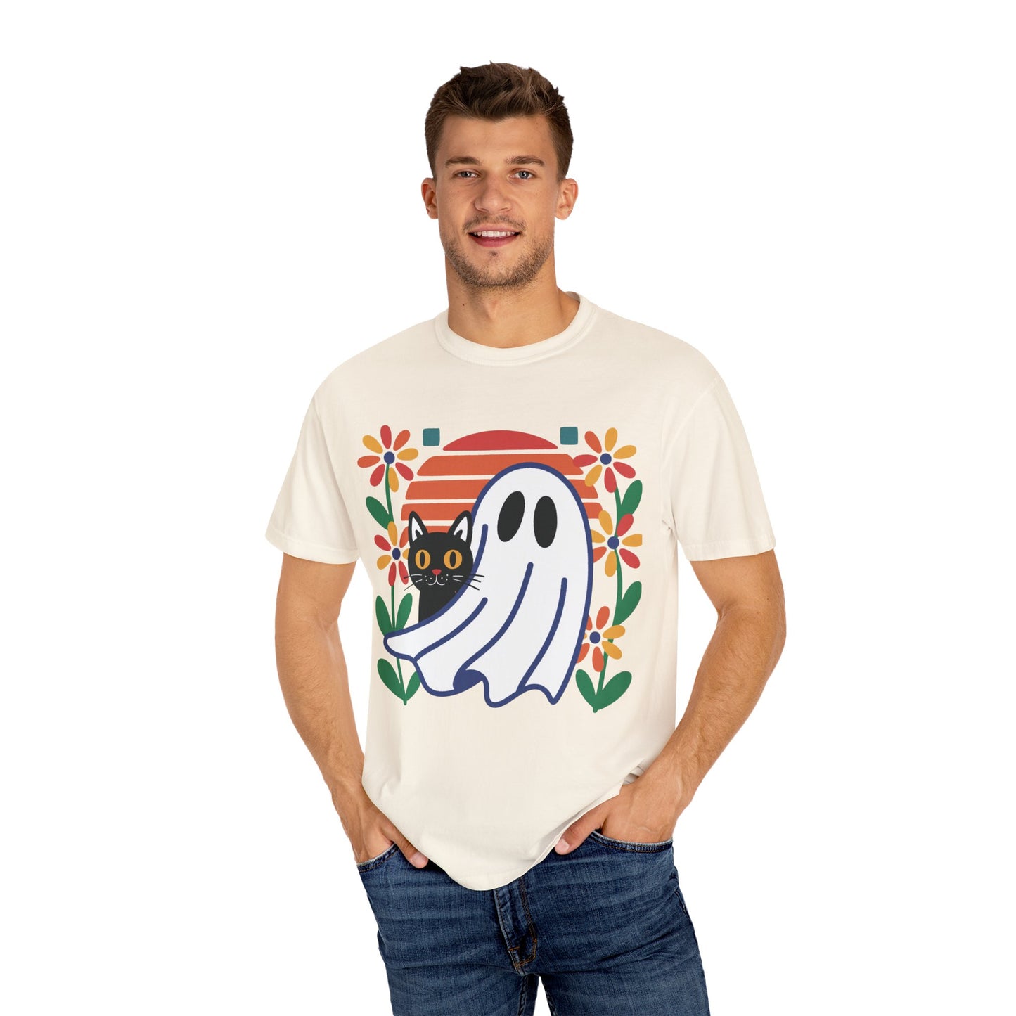 Retro Ghost & Cat Halloween T-shirt | Comfort Colors® Fall Tee