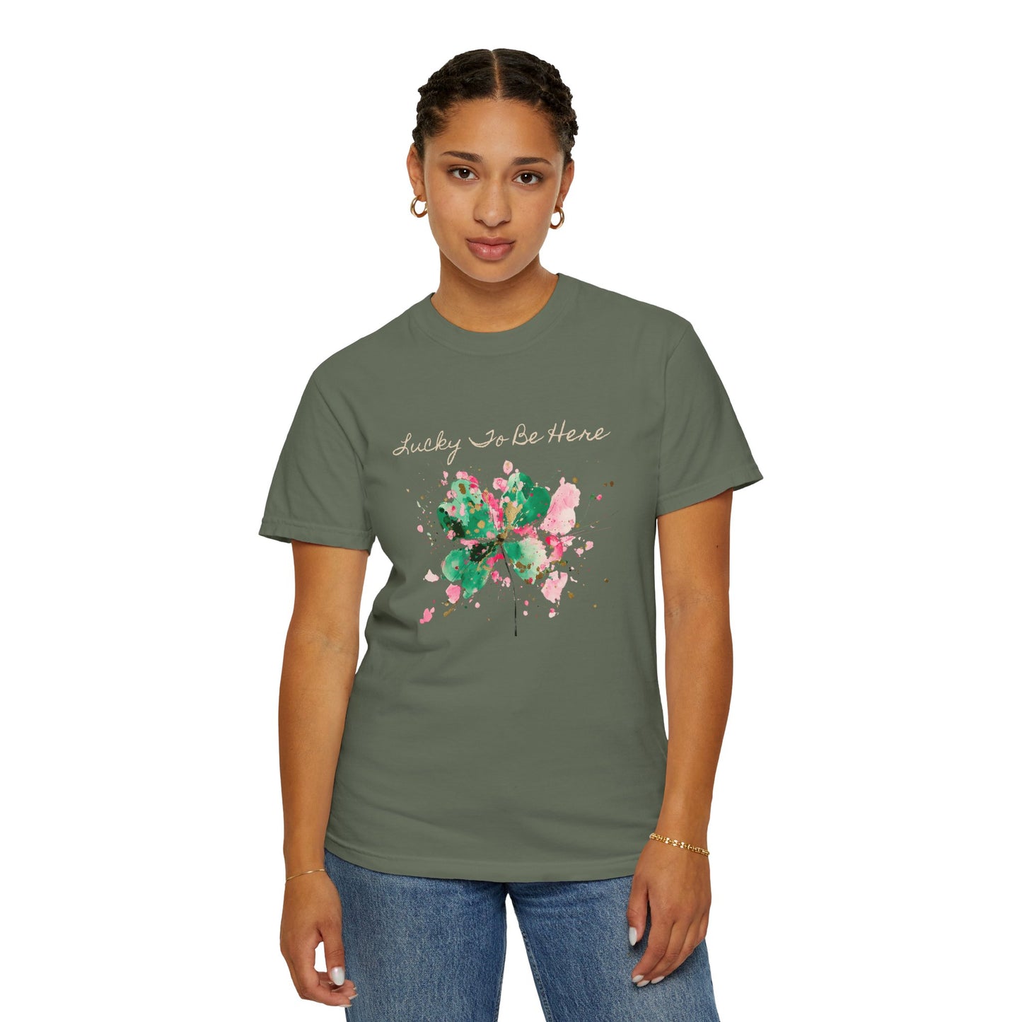 St. Patrick's Day, Lucky To Be Here T-Shirt - Floral Four-Leaf Clover Graphic