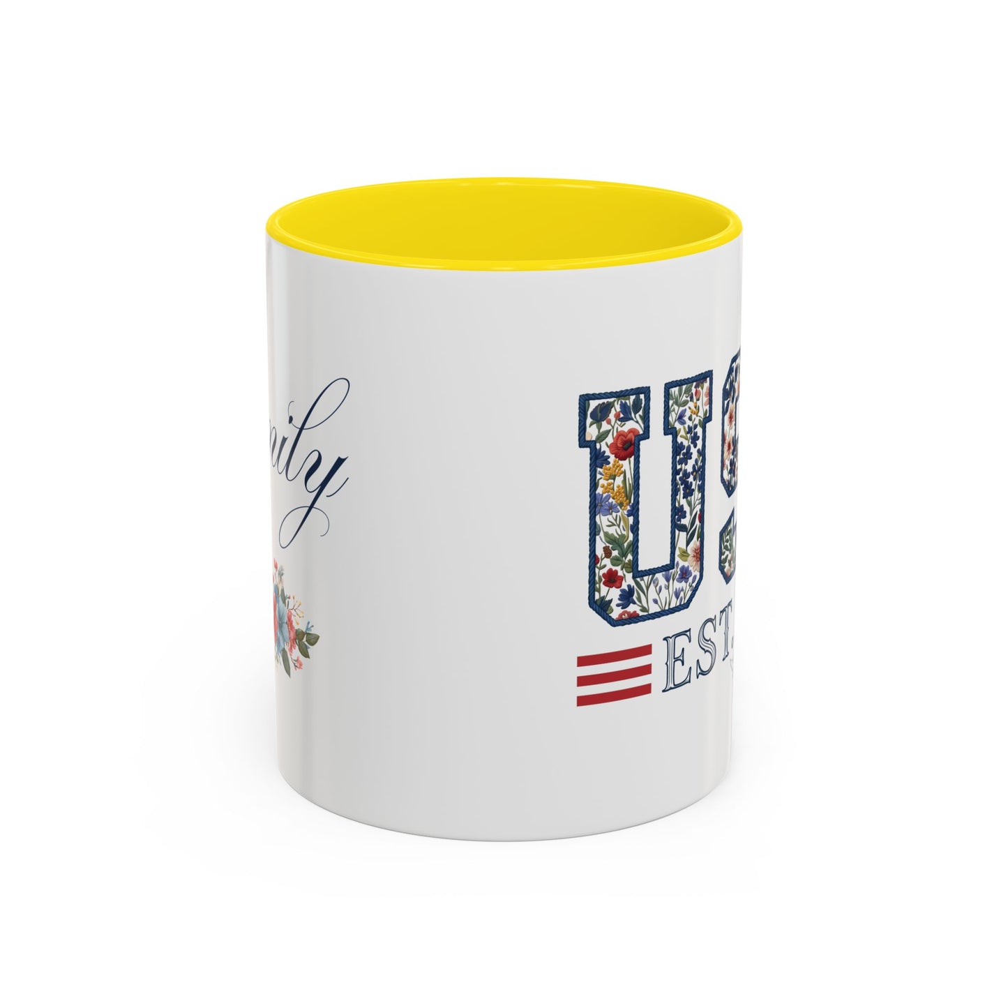 Personalized Patriotic Mug, Custom Name Ceramic Coffee Cup, USA Floral Accent Mug, Fourth of July Hostess Gift, 11oz 15oz