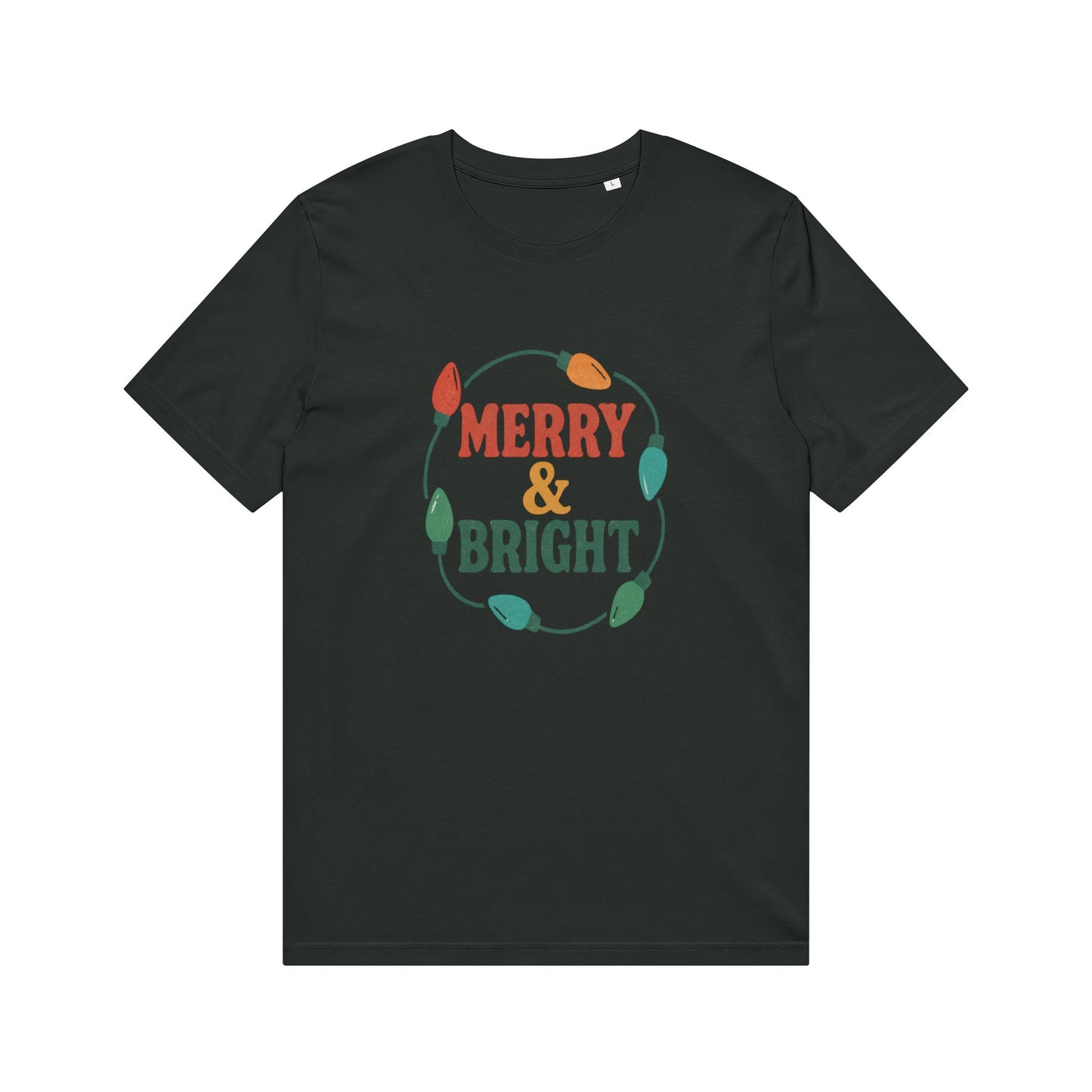 Organic "Merry & Bright" Holiday T-Shirt — Vintage Christmas Lights Graphic