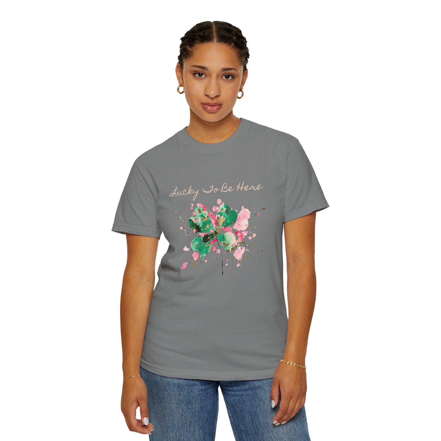 St. Patrick's Day, Lucky To Be Here T-Shirt - Floral Four-Leaf Clover Graphic