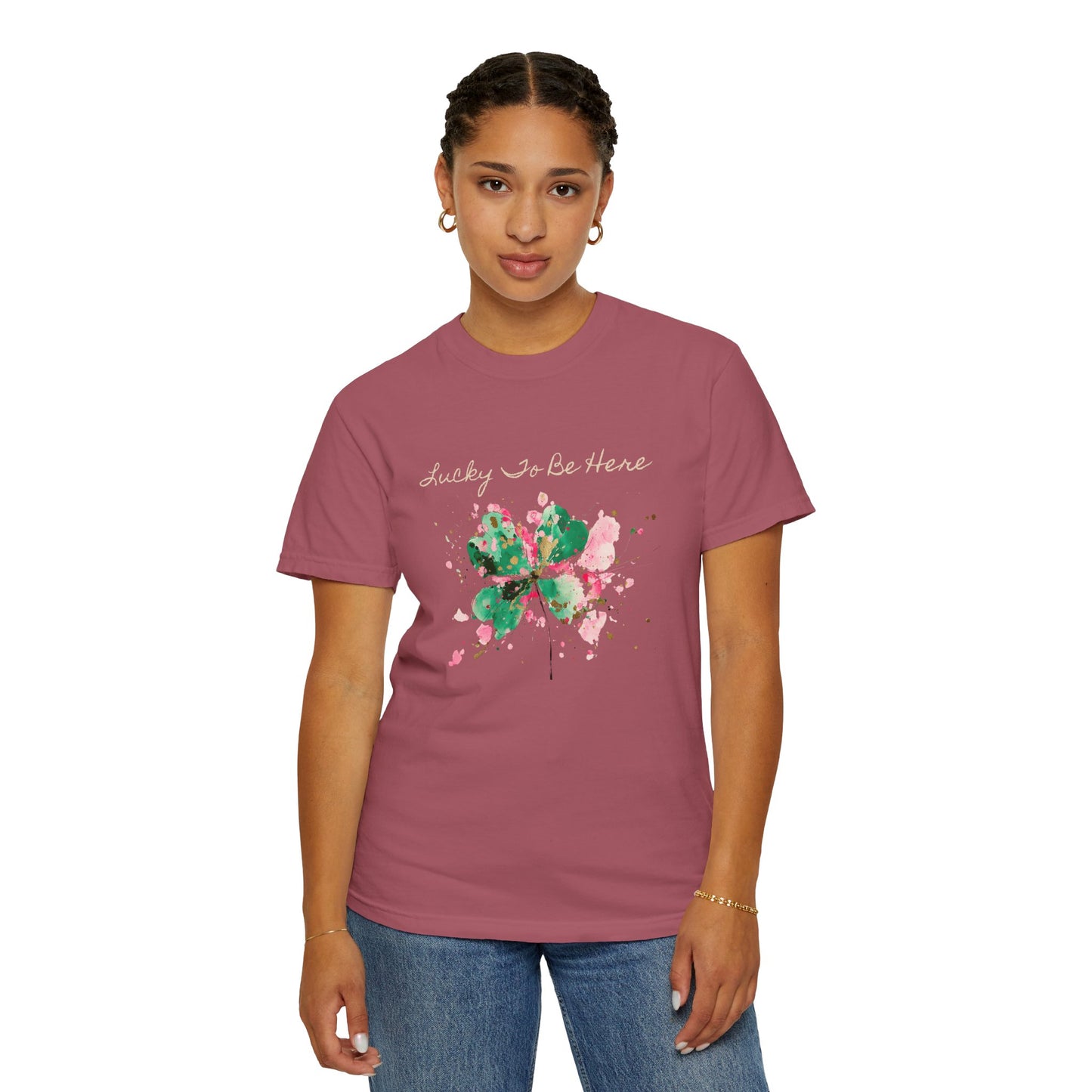 St. Patrick's Day, Lucky To Be Here T-Shirt - Floral Four-Leaf Clover Graphic