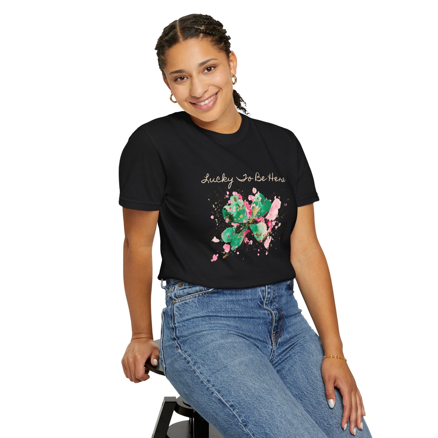 St. Patrick's Day, Lucky To Be Here T-Shirt - Floral Four-Leaf Clover Graphic