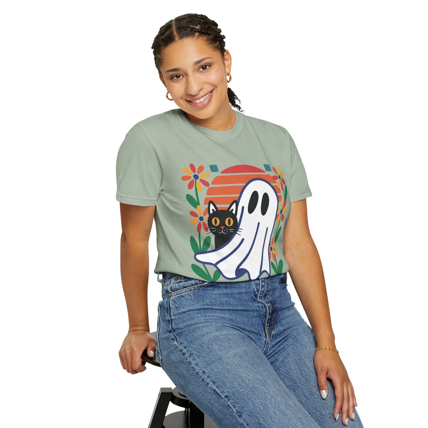 Retro Ghost & Cat Halloween T-shirt | Comfort Colors® Fall Tee