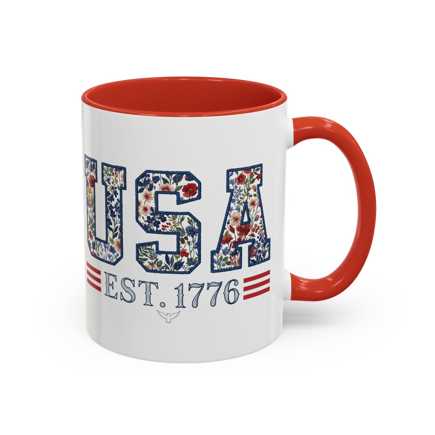 Personalized Patriotic Mug, Custom Name Ceramic Coffee Cup, USA Floral Accent Mug, Fourth of July Hostess Gift, 11oz 15oz