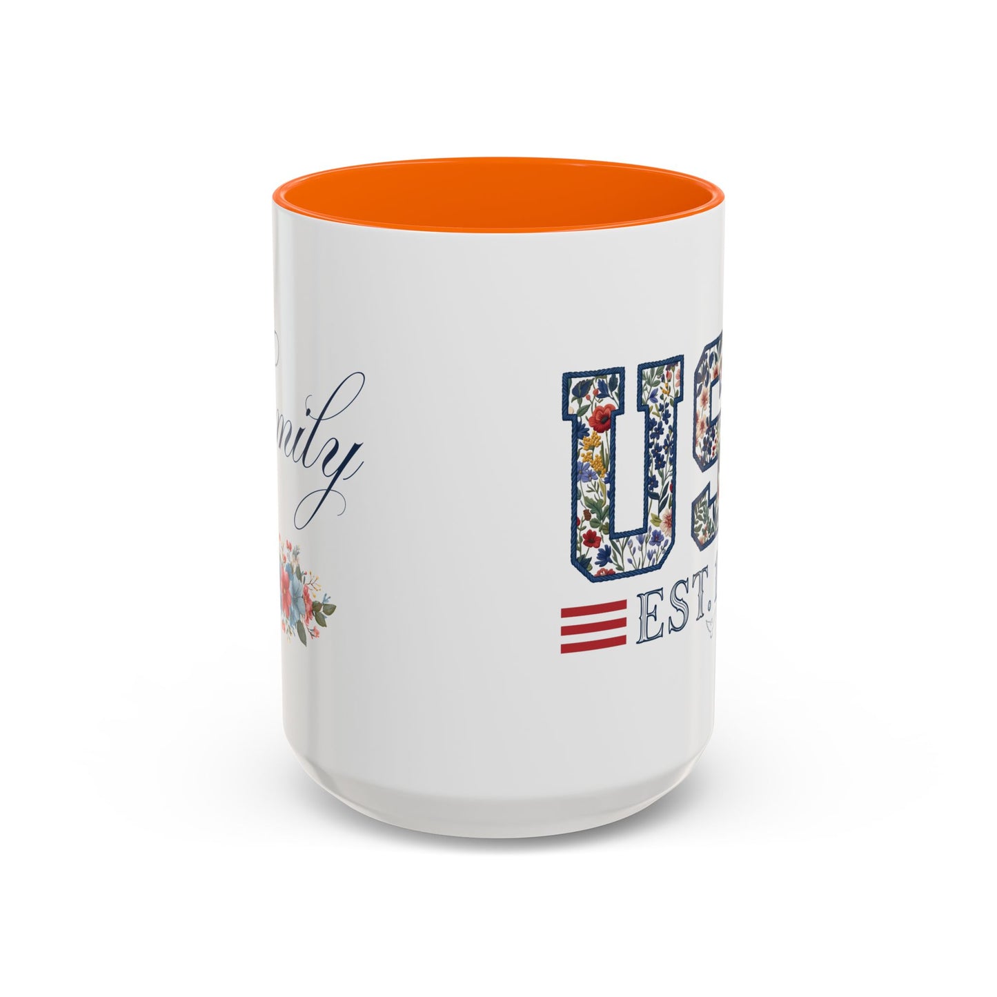 Personalized Patriotic Mug, Custom Name Ceramic Coffee Cup, USA Floral Accent Mug, Fourth of July Hostess Gift, 11oz 15oz