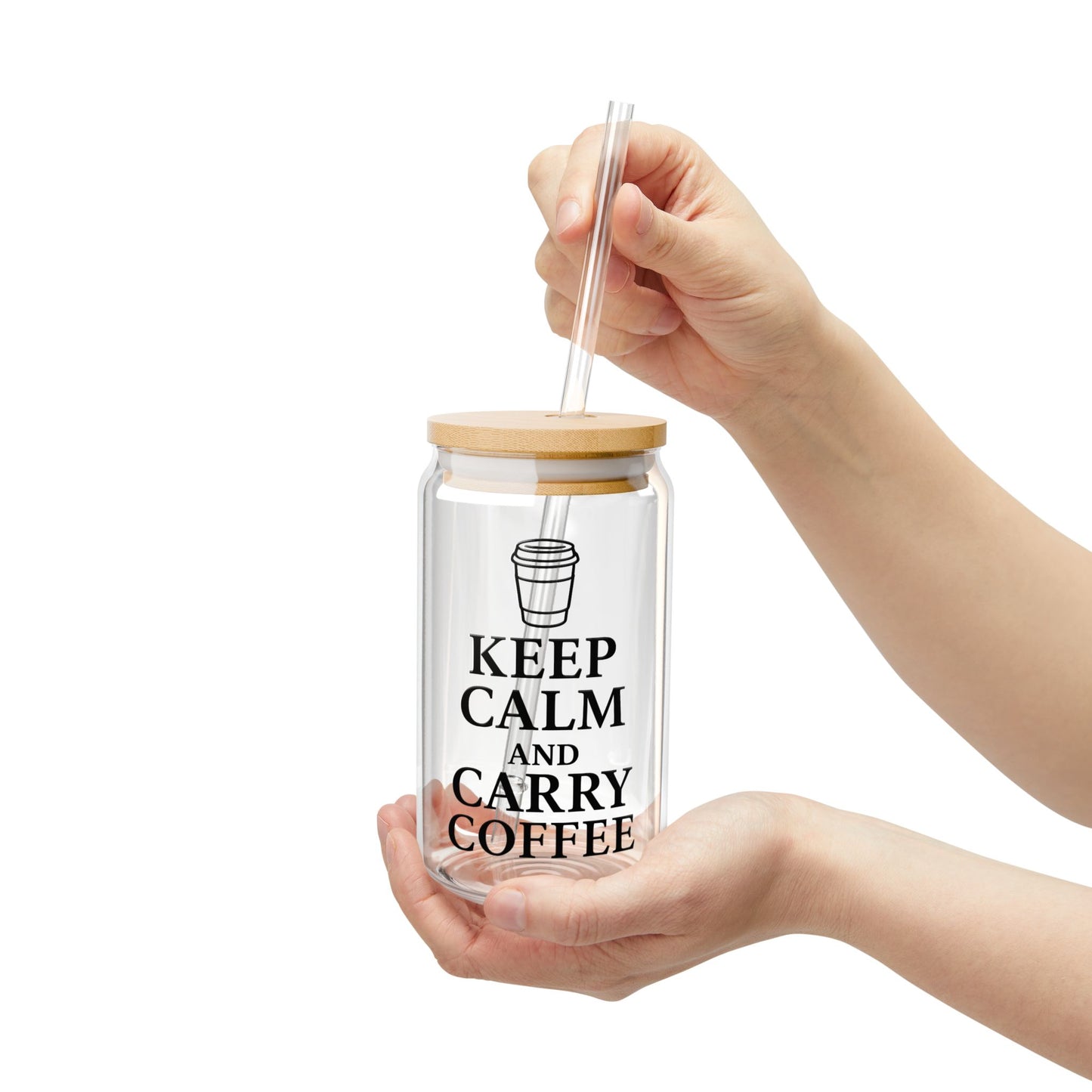 Keep Calm and Carry Coffee Glass Can | Teacher Coffee Cup with Bamboo Lid | Reusable Iced Coffee Glass | Funny Teacher Gift