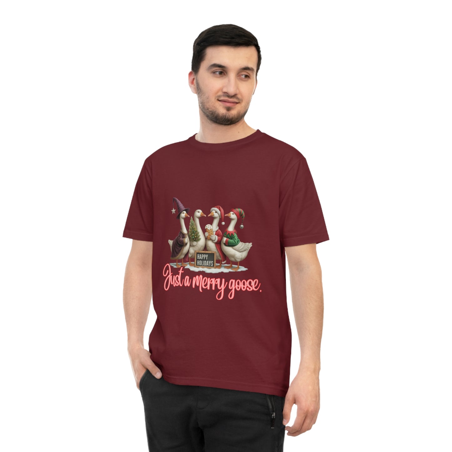 Organic "Just a Merry Goose Holiday" T-Shirt — Cute Christmas Geese Tee