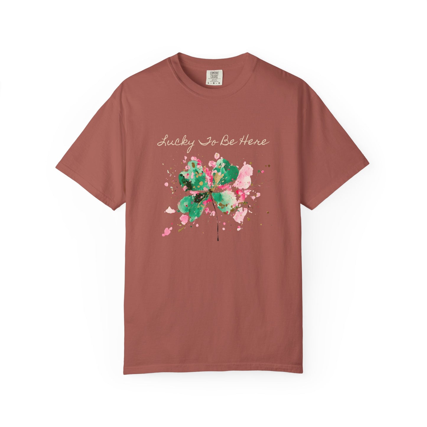 St. Patrick's Day, Lucky To Be Here T-Shirt - Floral Four-Leaf Clover Graphic