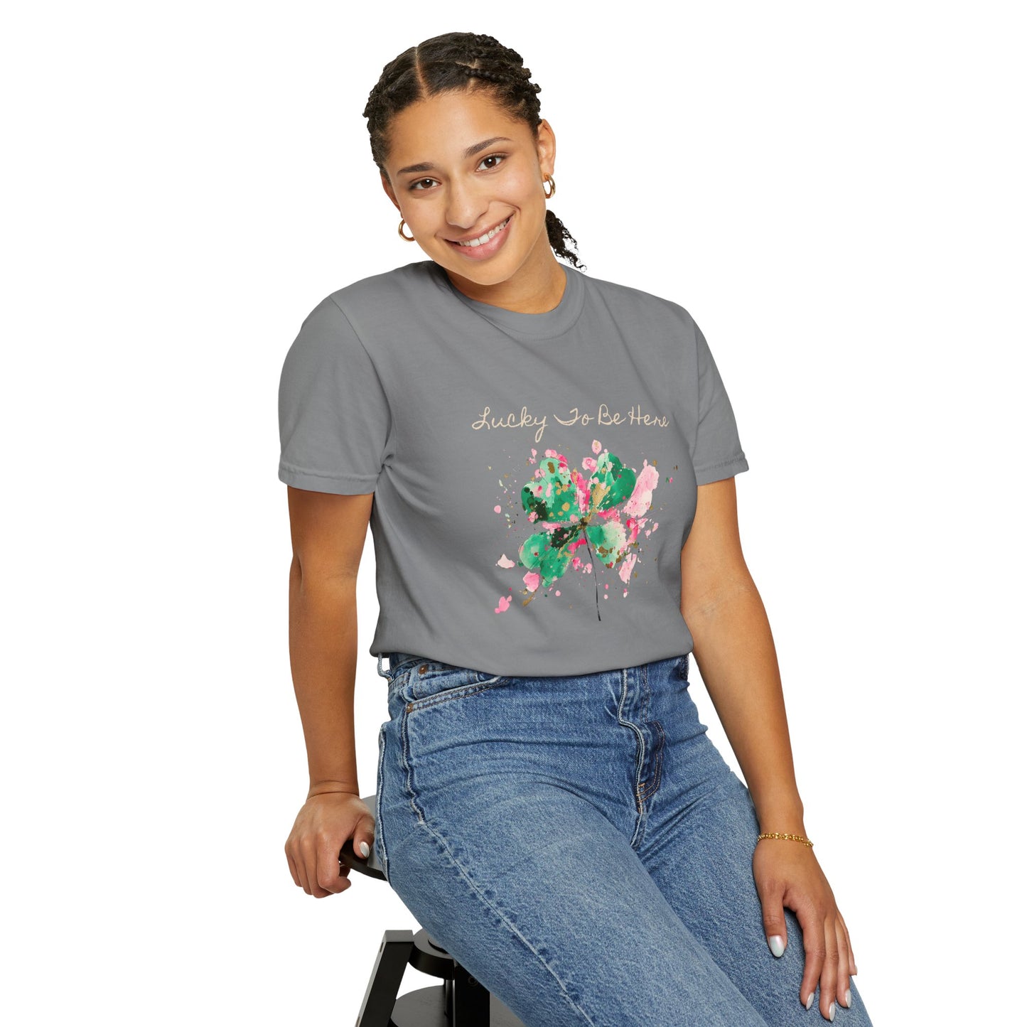 St. Patrick's Day, Lucky To Be Here T-Shirt - Floral Four-Leaf Clover Graphic