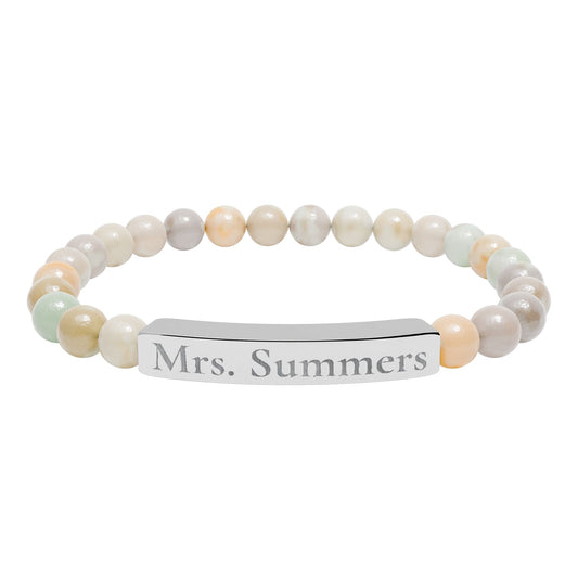 Custom Engraved Name Bar Bracelet, Beaded Natural Stone