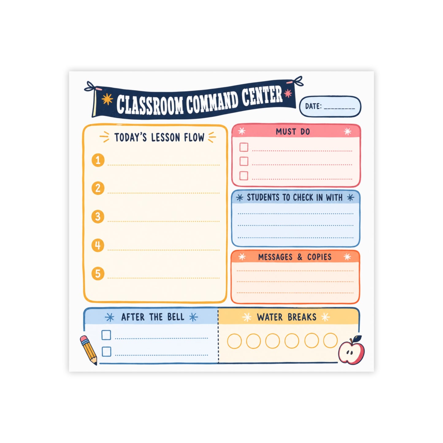Classroom Command Center 3x3 Sticky Note Pad | Teacher Lesson Planning Planner
