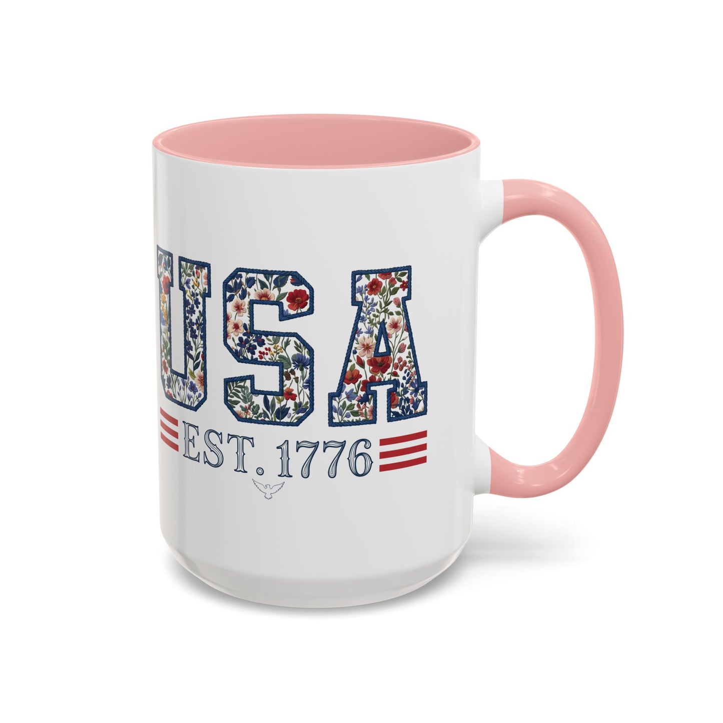 Personalized Patriotic Mug, Custom Name Ceramic Coffee Cup, USA Floral Accent Mug, Fourth of July Hostess Gift, 11oz 15oz