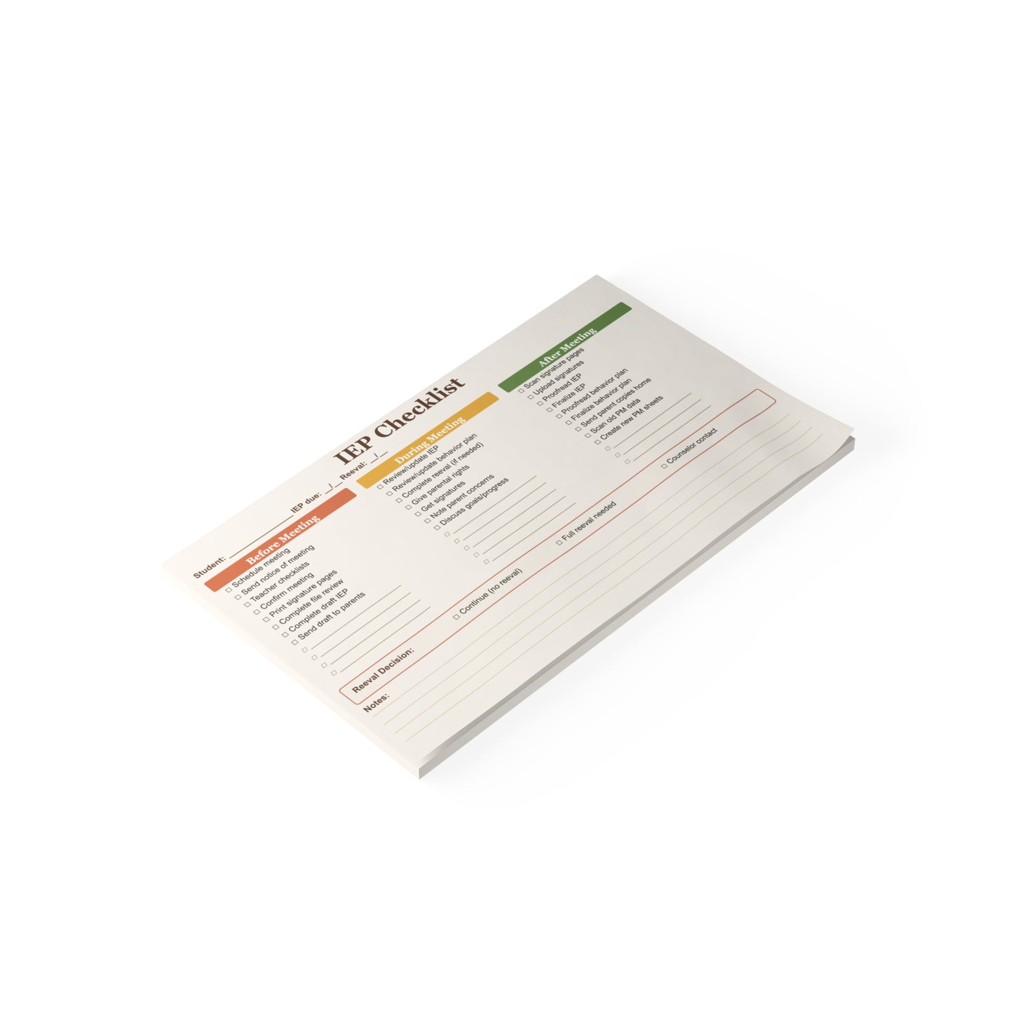IEP Meeting Checklist Sticky Note Pad, 10 x 6 Inch, 50-Sheet Special Education Organizer