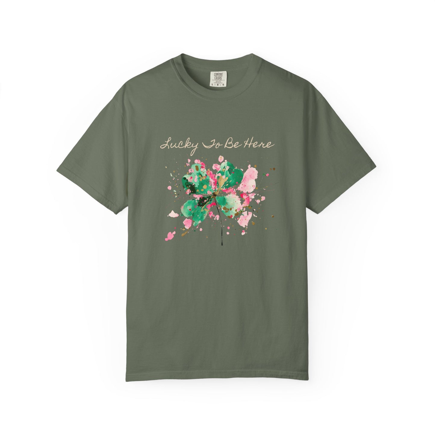 St. Patrick's Day, Lucky To Be Here T-Shirt - Floral Four-Leaf Clover Graphic